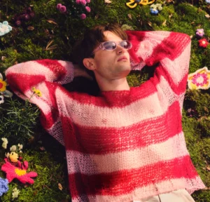 Ein rot-rosa gestreifter Wollpullover auf der Blumenwiese.